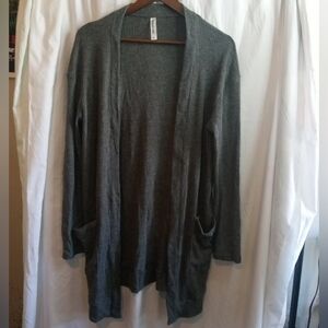 Tickled Teal Long Ribbed Cardigan Charcoal Gray Pockets Office Goth Casual XL